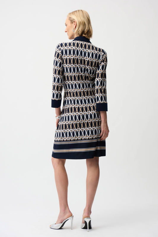 Silky Knit Geometric Print A-Line Shirt Dress