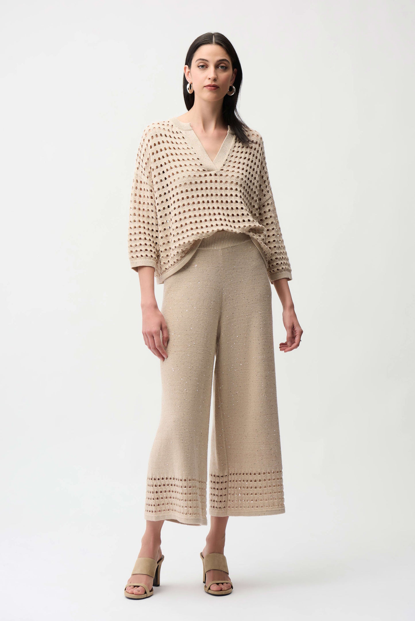 Sequins Yarn Culotte Pants With Open Stitch Border
