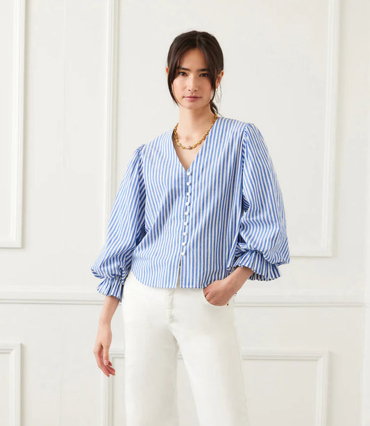 Stripe Layered Sleeve Shirred Blouse