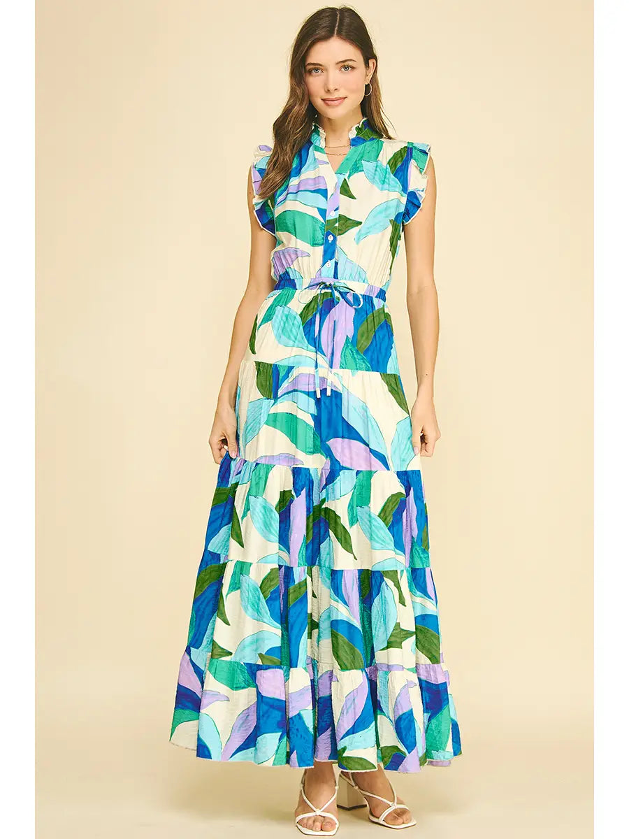 LEAF PRINT BUTTON DOWN TIERED DRESS