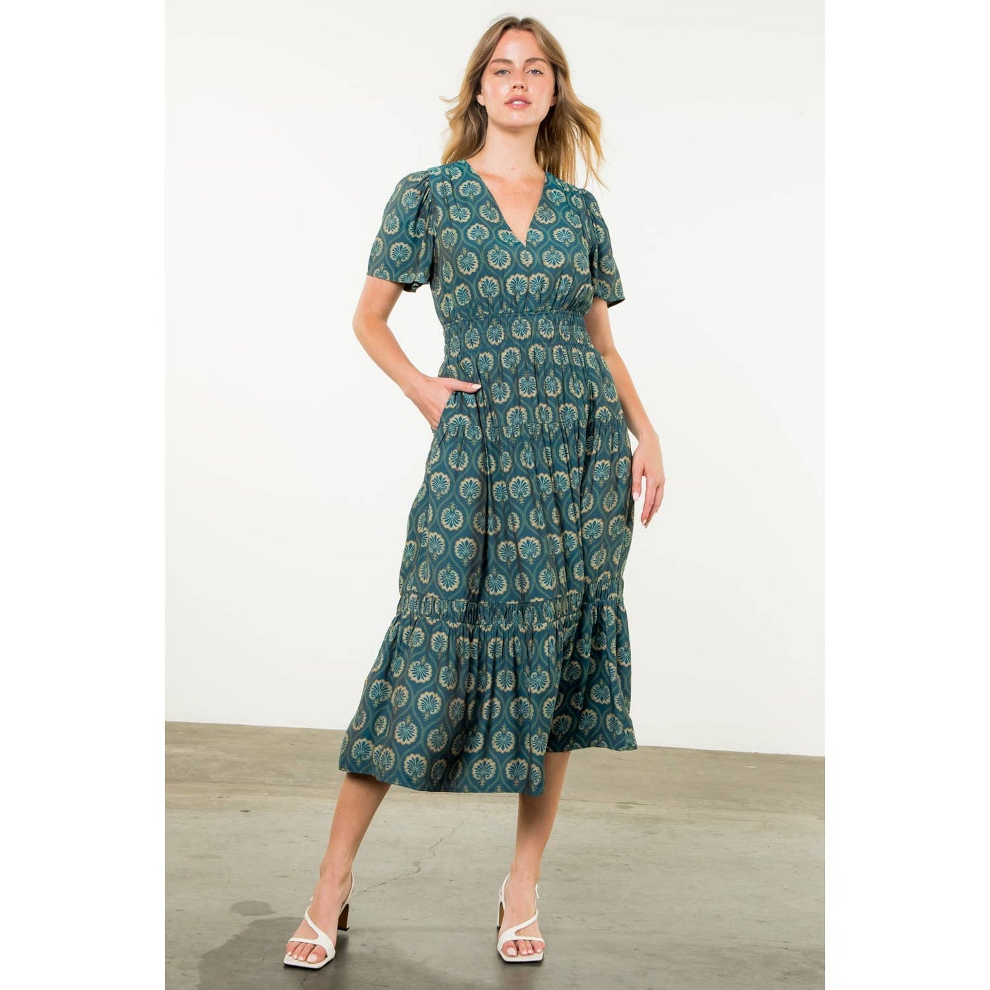 Smocked Waist Teal Maxi Dress