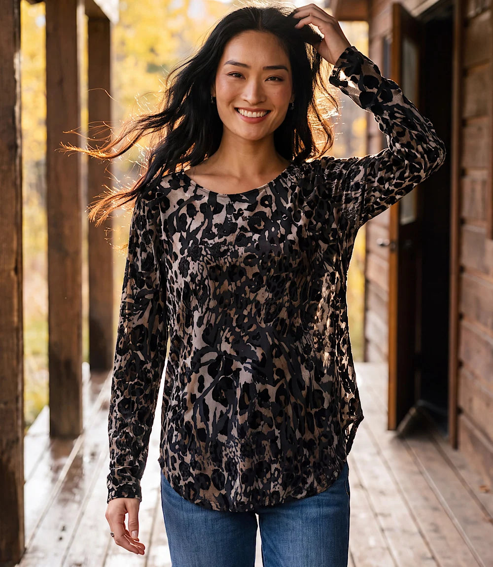 Long Sleeve Velvet Burnout Shirttail Top