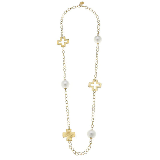 Handcast Gold Cross & Cotton Pearl Necklace