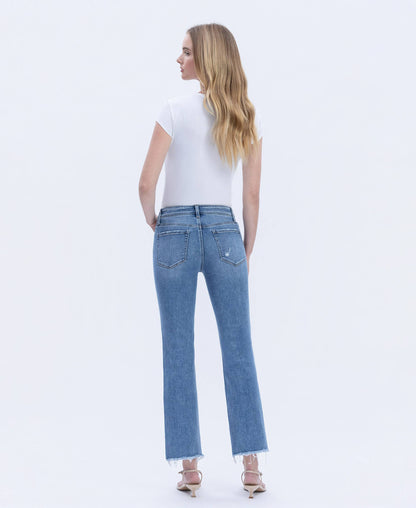 MID RISE MEDIUM WASH RAW HEM CROP STRAIGHT JEANS
