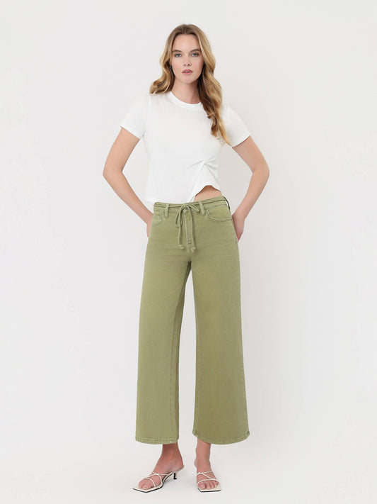 HIGH RISE DRAWSTRING COLOR CROP WIDE LEG JEANS