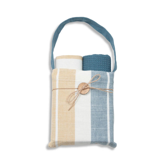 ELSIE & ZOEY  3 Piece Blue & Tan Stripe Tea Towel Set