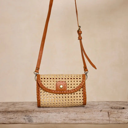 Rattan Clutch with Leather Trim and Crossbody Strap