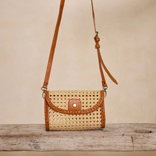 Rattan Clutch with Leather Trim and Crossbody Strap