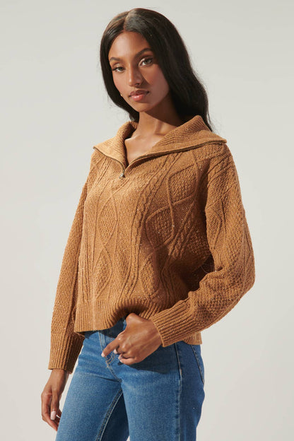 Mocha Cable Knit Half Zip Sweater