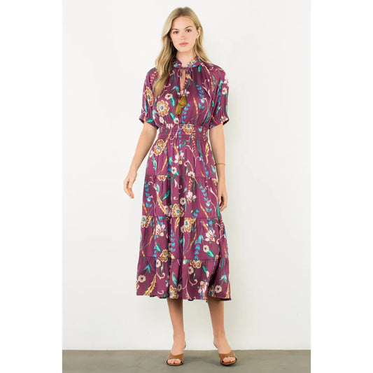 Smocked Waist Tassel Floral Maxi Dress