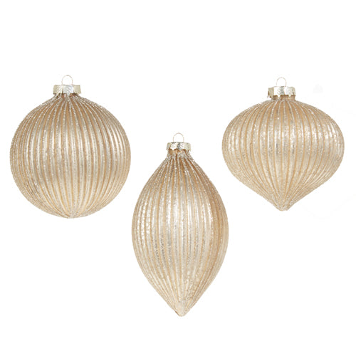 4" CHAMPAGNE GLITTER RIBBED ORNAMENT