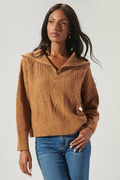 Mocha Cable Knit Half Zip Sweater