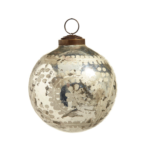 4" ETCHED SILVER MERCURY GLASS BALL ORNAMENT