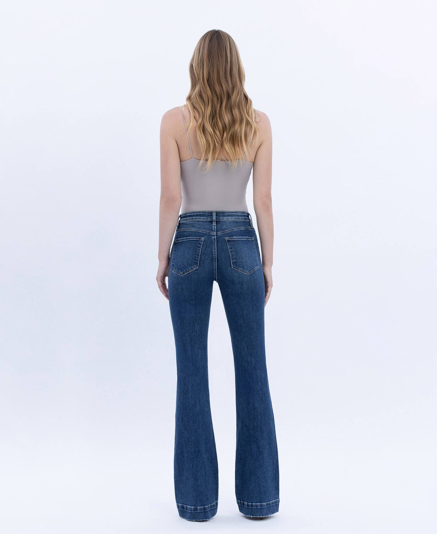 HIGH RISE DARK WASH TROUSER HEM BOOTCUT JEANS