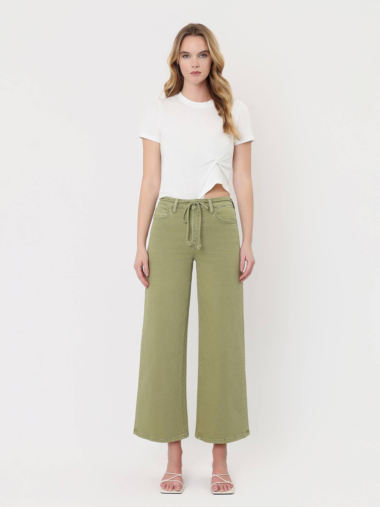 HIGH RISE DRAWSTRING COLOR CROP WIDE LEG JEANS