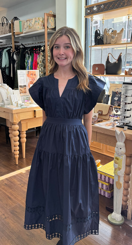 Ruffled sleeves v-neck tiered midi dress