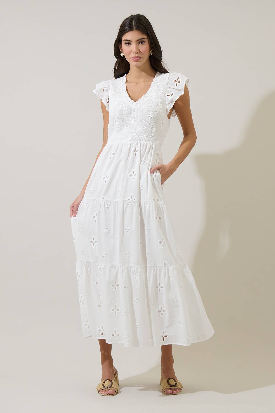 Kinna Eyelet Sunfire Tiered Midi Dress