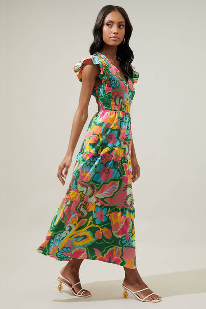 Lanai Tropics Sunfire Smocked Bodice Tiered Midi Dress