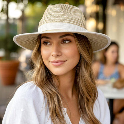 Bow Accent Two Tone Woven Straw Summer Fedora Hat