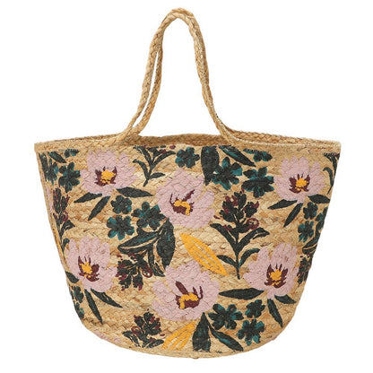 Floral Print Raffia Woven Tote Bag