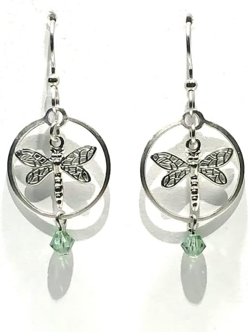 Silver Forest Dragonfly in Circle with Light Green Bead Drop