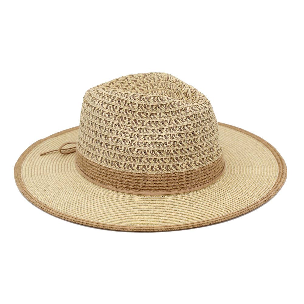 Bow Accent Two Tone Woven Straw Summer Fedora Hat