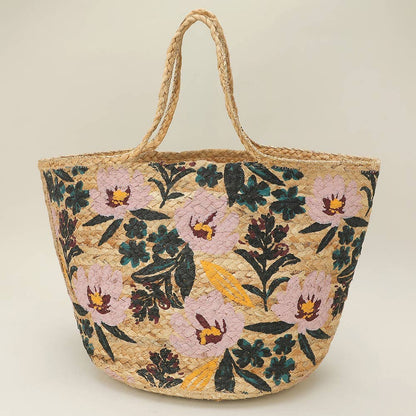 Floral Print Raffia Woven Tote Bag