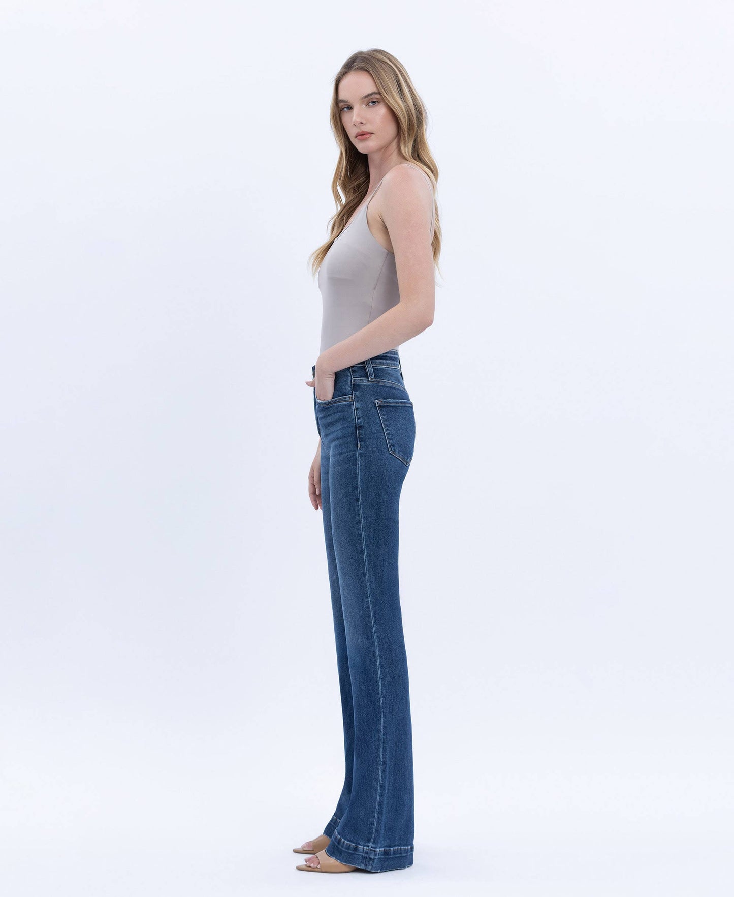 HIGH RISE DARK WASH TROUSER HEM BOOTCUT JEANS