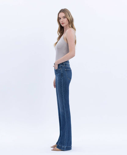 HIGH RISE DARK WASH TROUSER HEM BOOTCUT JEANS
