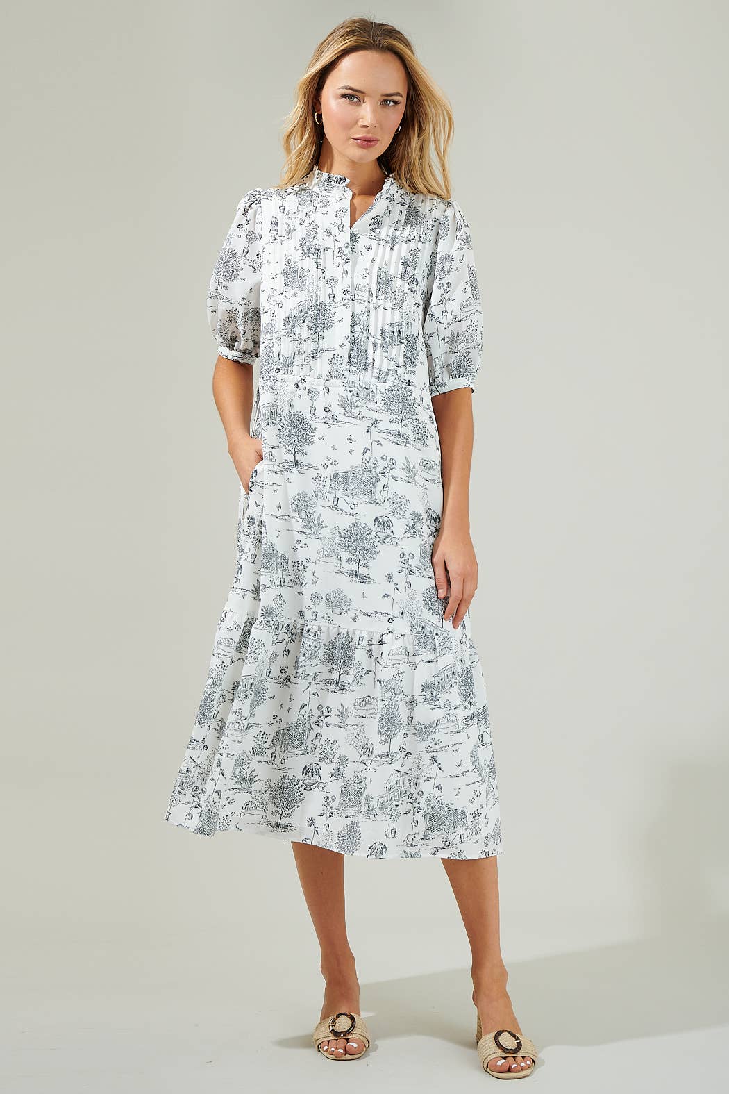 Renzo Toile Pleated Midi Dress