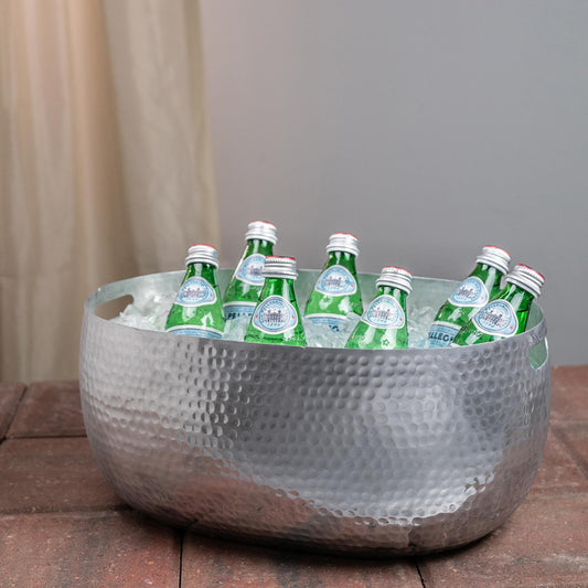 Steel Silver Oval Hammered Beverage Tub With Handles