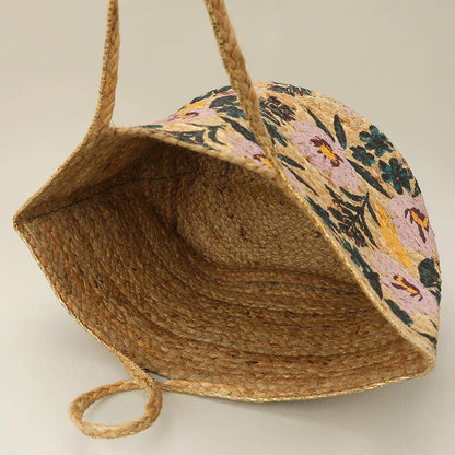 Floral Print Raffia Woven Tote Bag
