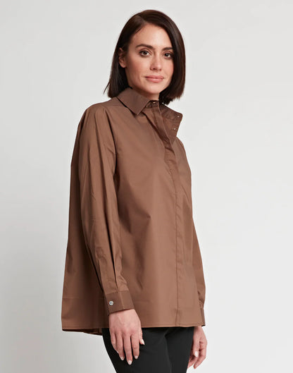 Sara Long Sleeve Pleated Back Cotton Shirt- Caramel