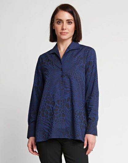 Betty Long Sleeve Cotton Tunic- Sapphire/Black