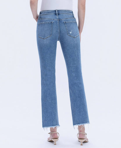 MID RISE MEDIUM WASH RAW HEM CROP STRAIGHT JEANS
