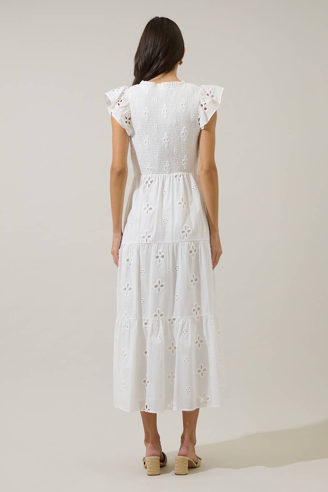 Kinna Eyelet Sunfire Tiered Midi Dress