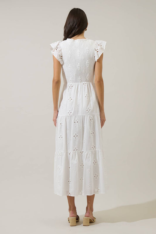 Kinna Eyelet Sunfire Tiered Midi Dress