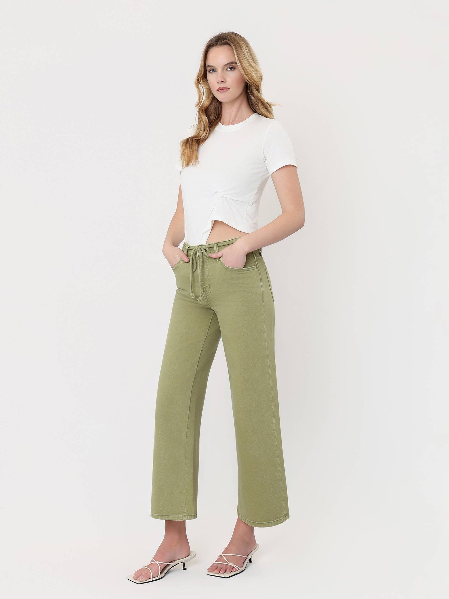 HIGH RISE DRAWSTRING COLOR CROP WIDE LEG JEANS