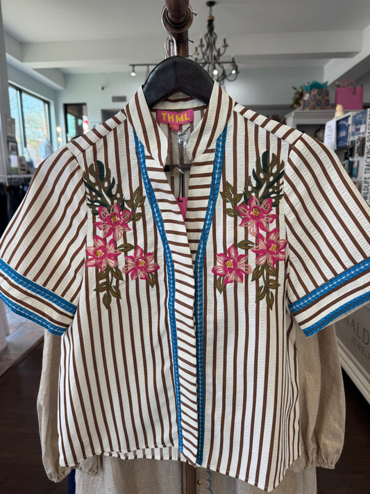 Short sleeve striped floral embroidery top