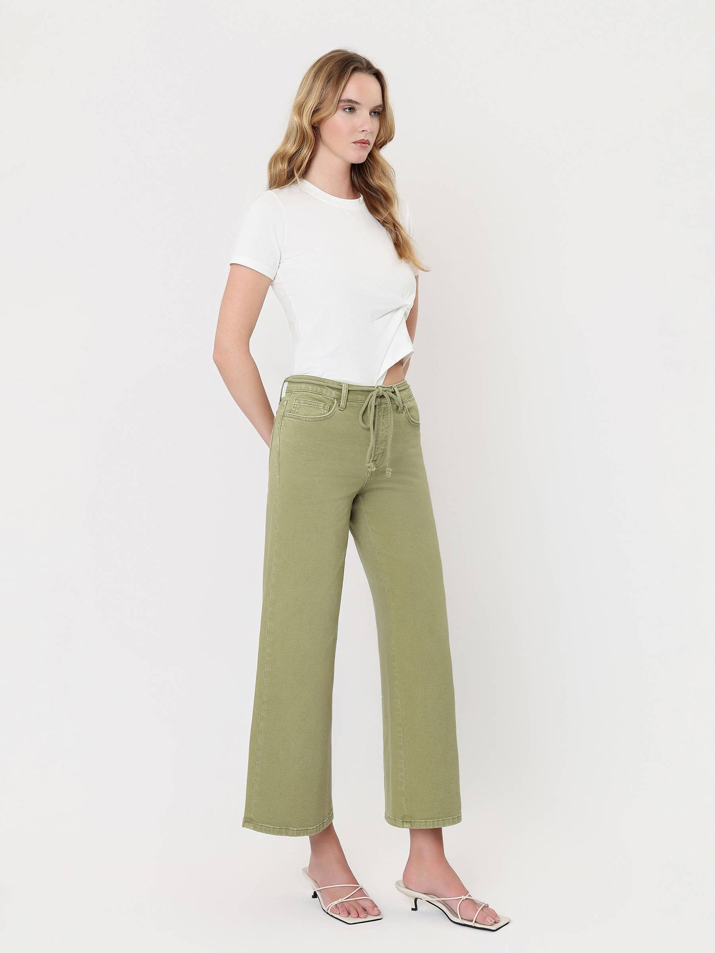 HIGH RISE DRAWSTRING COLOR CROP WIDE LEG JEANS