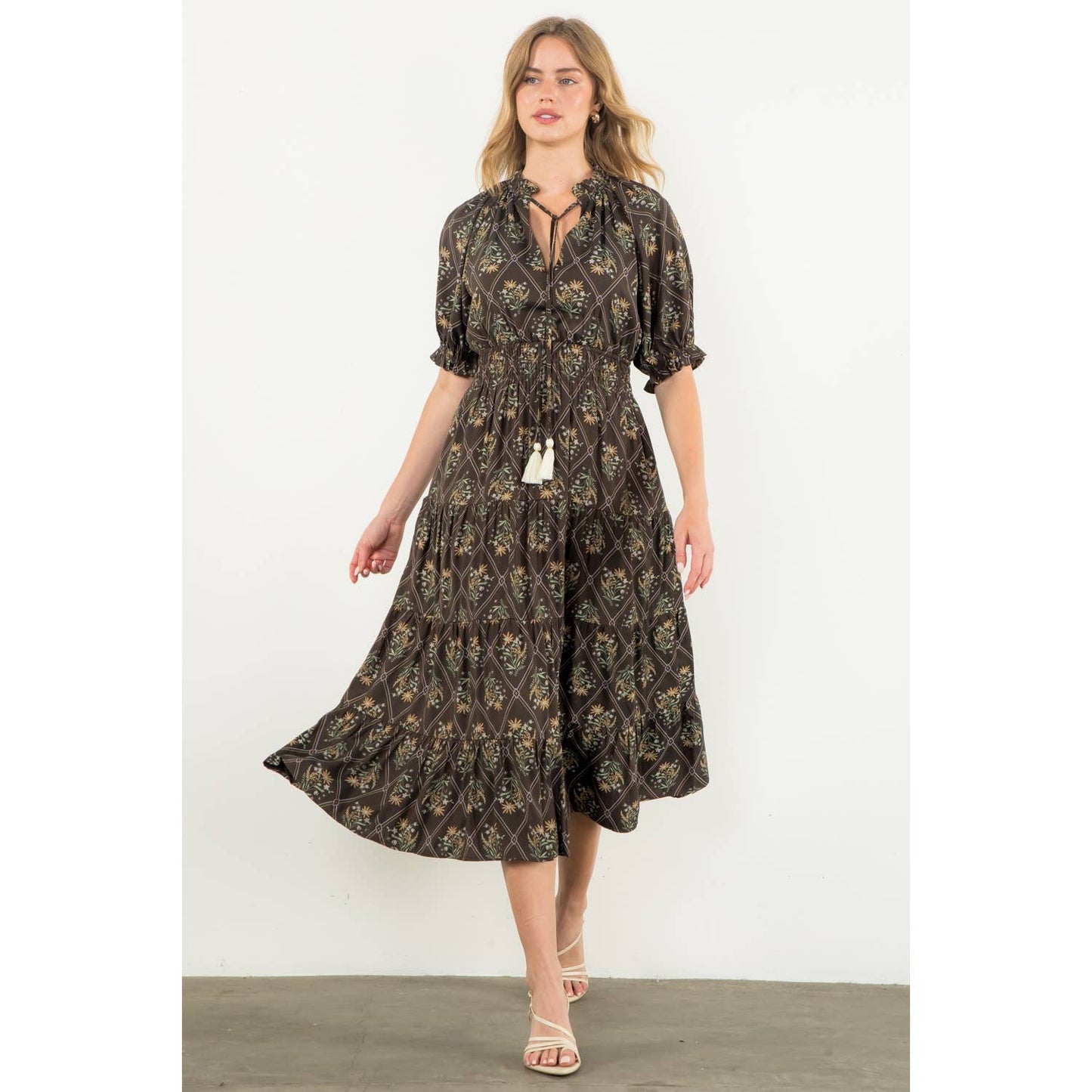 Smocked Waist Tiered Olive Flower Print Dress