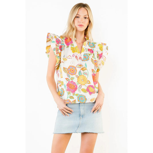 Ruffle Sleeve Floral Pattern Top
