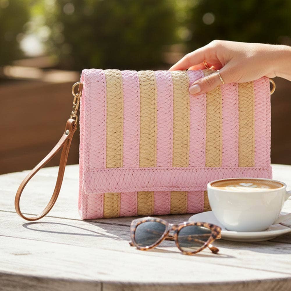 Striped Woven Foldover Wristlet Clutch Crossbody Bag