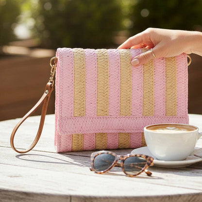 Striped Woven Foldover Wristlet Clutch Crossbody Bag