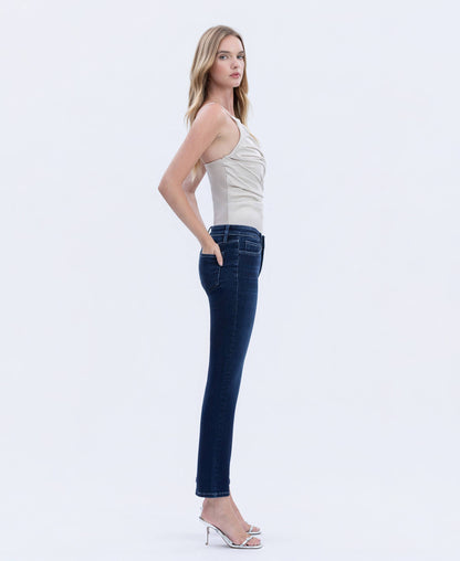 MID RISE DARK WASH ANKLE SLIM STRAIGHT JEANS