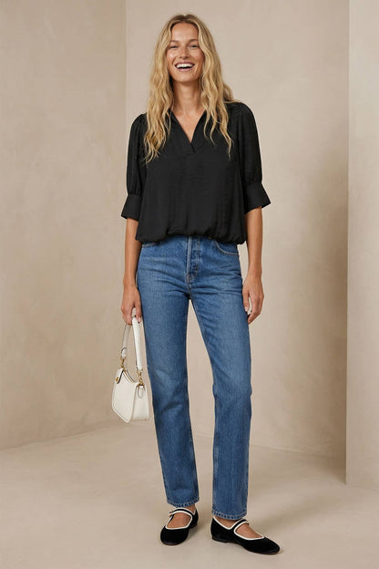 Half Sleeve Hi-lo Bubble Hem Blouse
