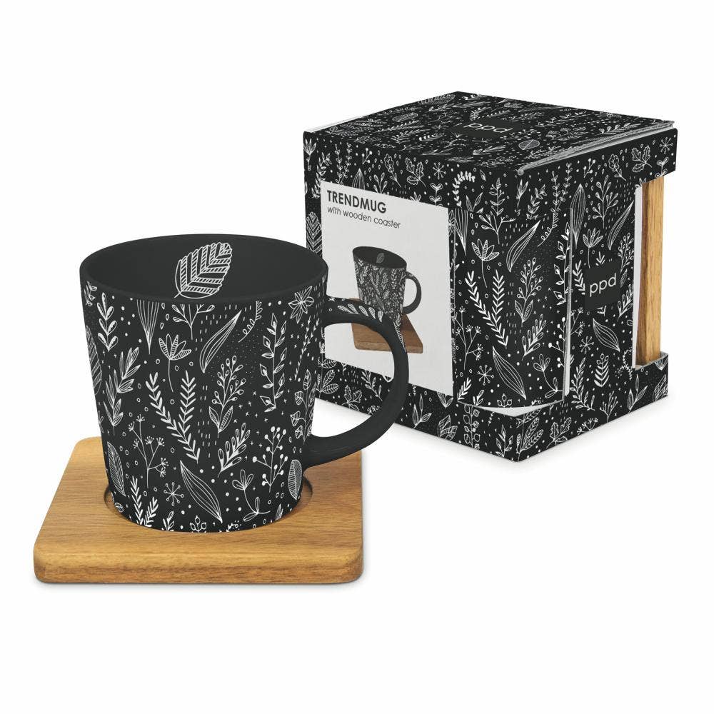 MUG WITH COASTER IN GIFT BOX-PURE LEAFLETS, BLACK