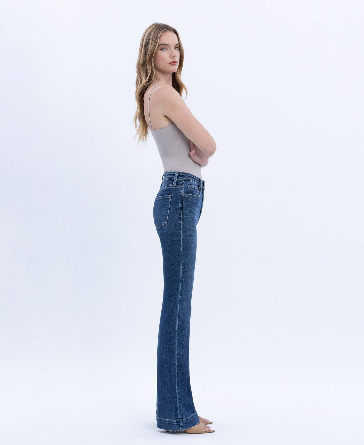 HIGH RISE DARK WASH TROUSER HEM BOOTCUT JEANS