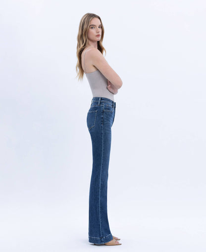 HIGH RISE DARK WASH TROUSER HEM BOOTCUT JEANS