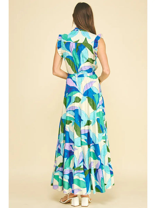 LEAF PRINT BUTTON DOWN TIERED DRESS